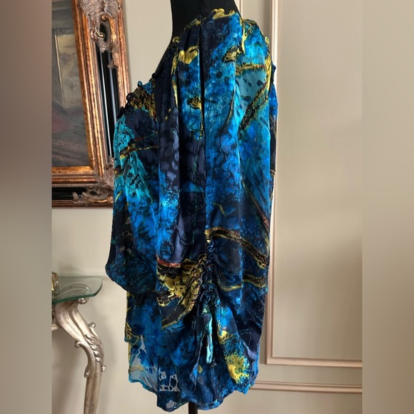 Caché Blue Abstract Silk Blend Sheer Peasant Blouse Boho Top Size Medium - Picture 4 of 5